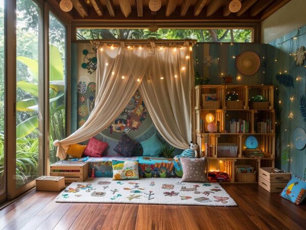 Idée décorative écoresponsable pour chambre d'enfant avec utilisation de matériaux recyclés pour un espace chic et magique.